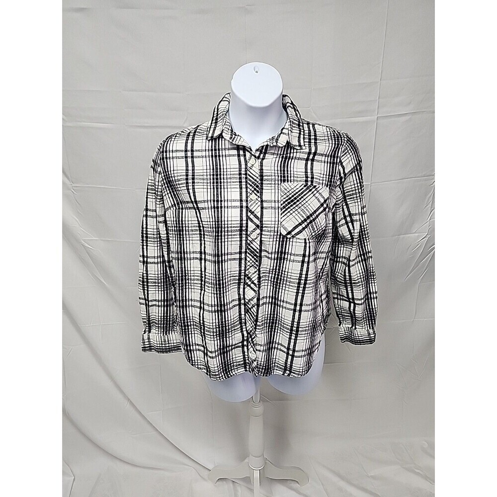 Time and Tru black & white  Plaid Button Front Shirt Metallic Thread SZ XL